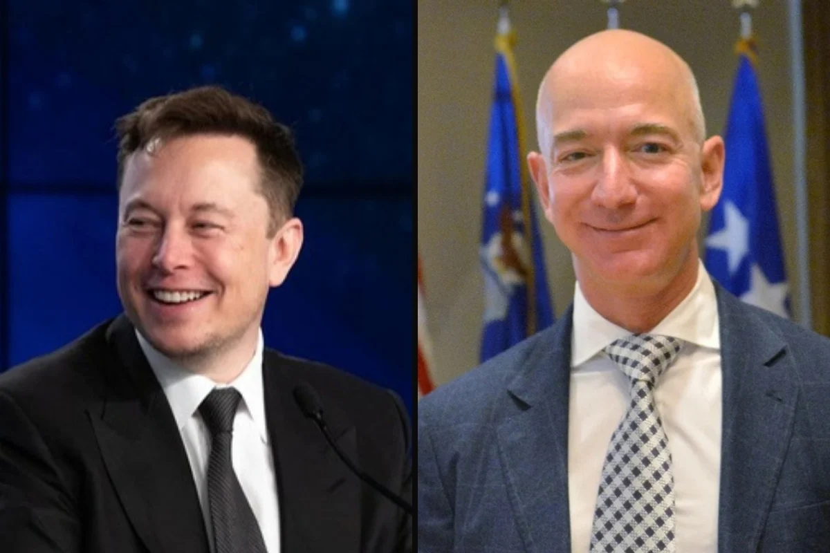 Elon Musk laughing at a press conference, next to a portrait of Jeff Bezos