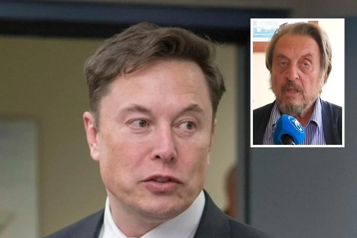 Elon Musk in a dark suit, with an inset photo of Errol Musk speaking into a microphone
