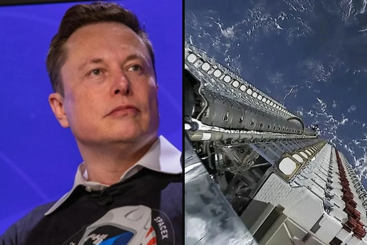 Elon Musk looking to the side, next to Starlink satellites stacked above the Earth