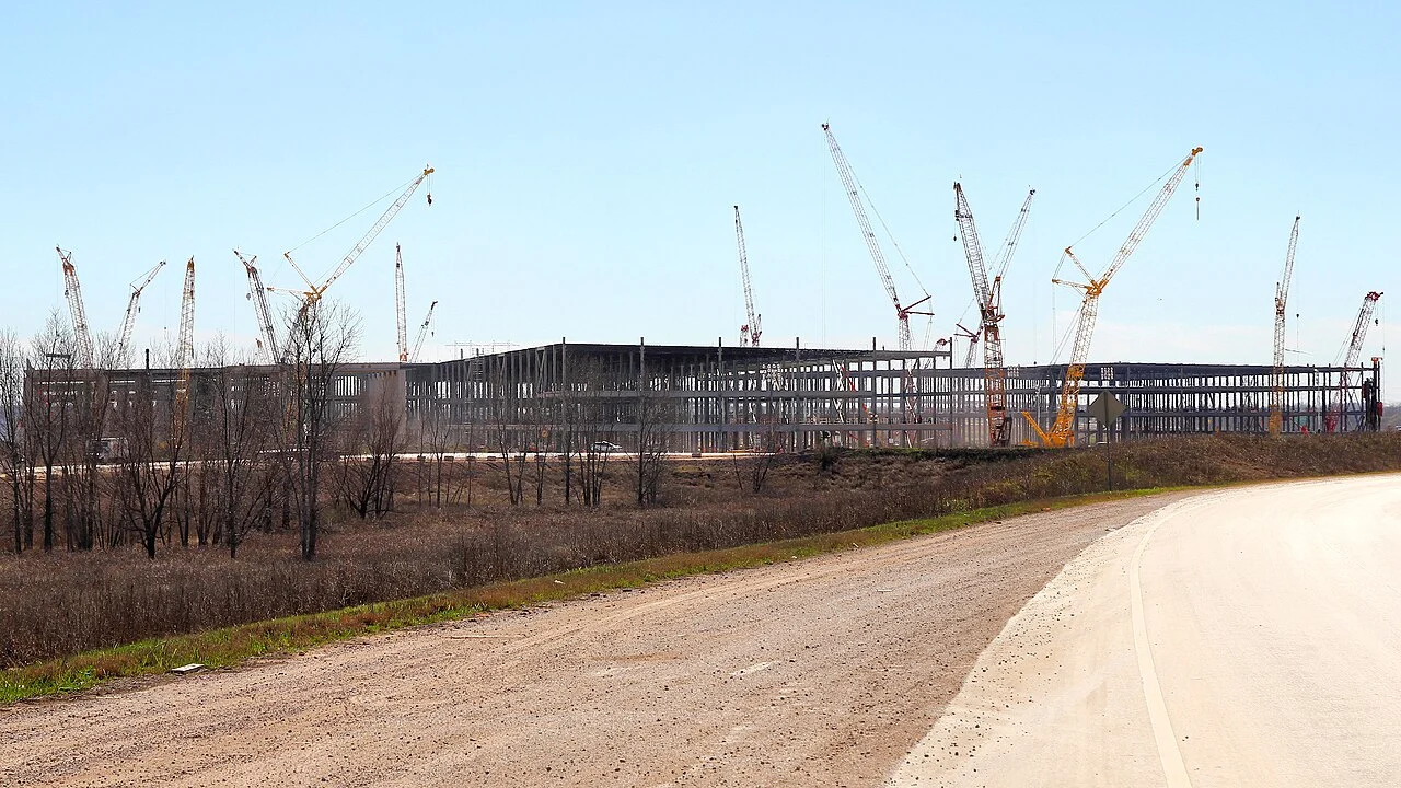 Tesla's Gigafactory Texas under construction near Austin in February 2021