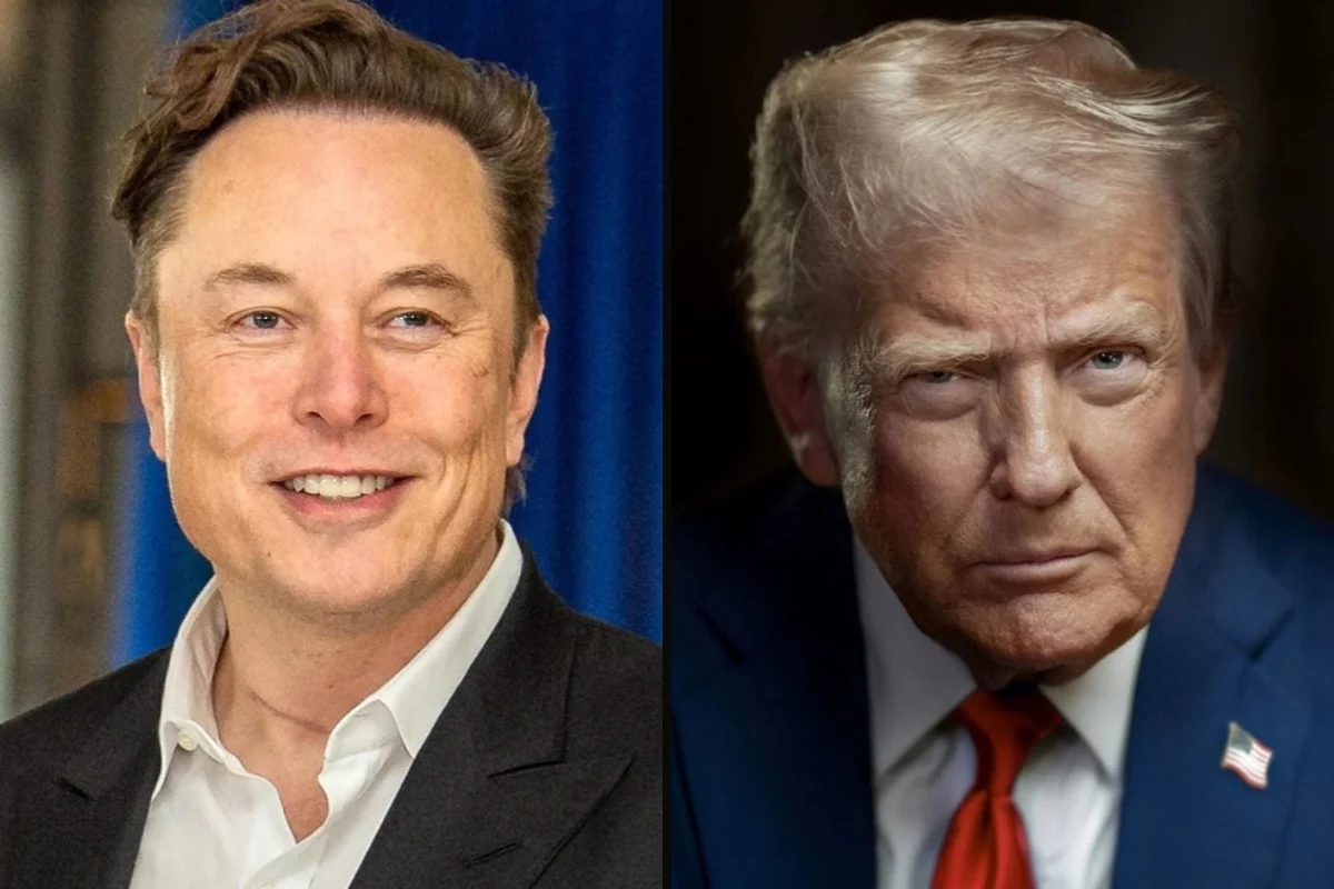 Elon Musk smiling next to a portrait of President Donald Trump