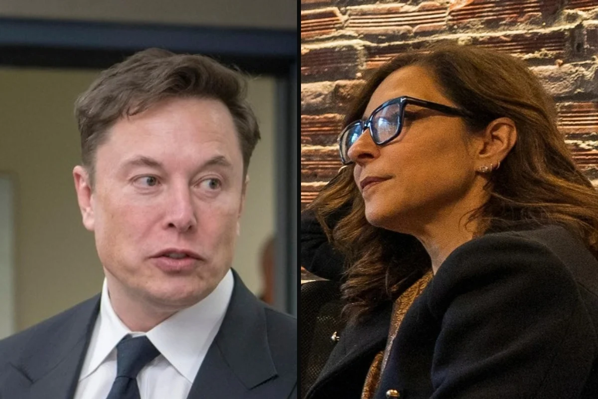 Elon Musk speaking, next to a portrait of former X CEO Linda Yaccarino